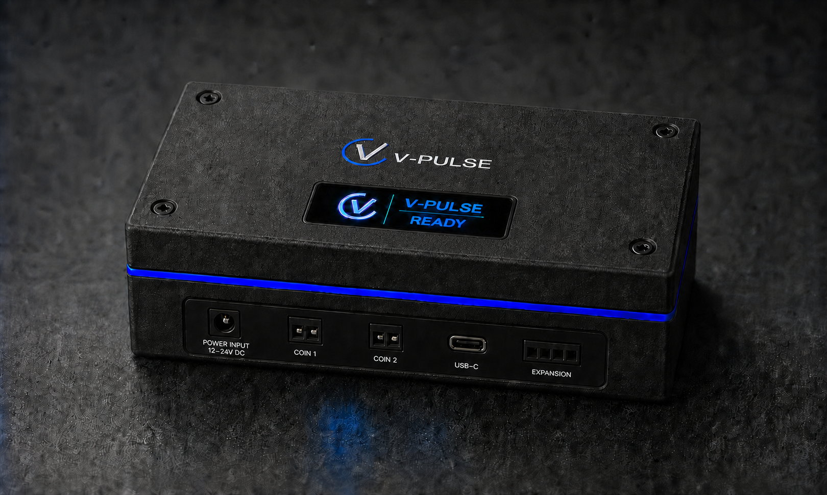 Compact V-Pulse connected controller with an integrated status display, dual coin outputs, and blue opening stripe